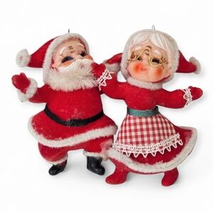 Vintage Flocked Santa And Mrs‎ Claus Dancing Ornaments Checkered Apron Glasses